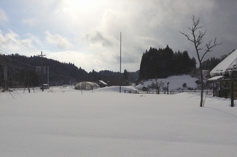 茅葺き庵から見える雪景色